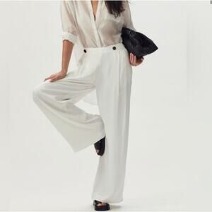 Anthropologie Maeve Pants Women 8 White Shine Sailor Button Pleated Wide Leg New
